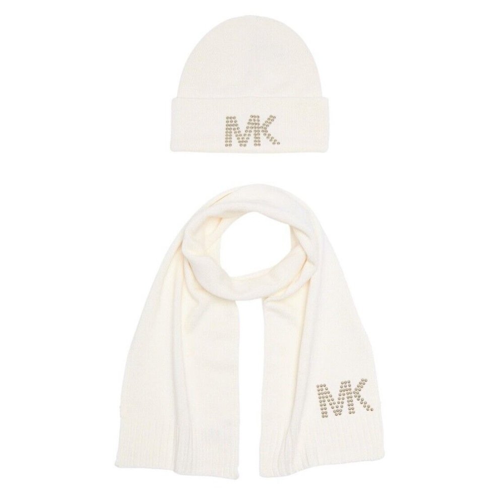 NWT Michael Kors Access Dome Studded Muffler & Beanie Set - Cream